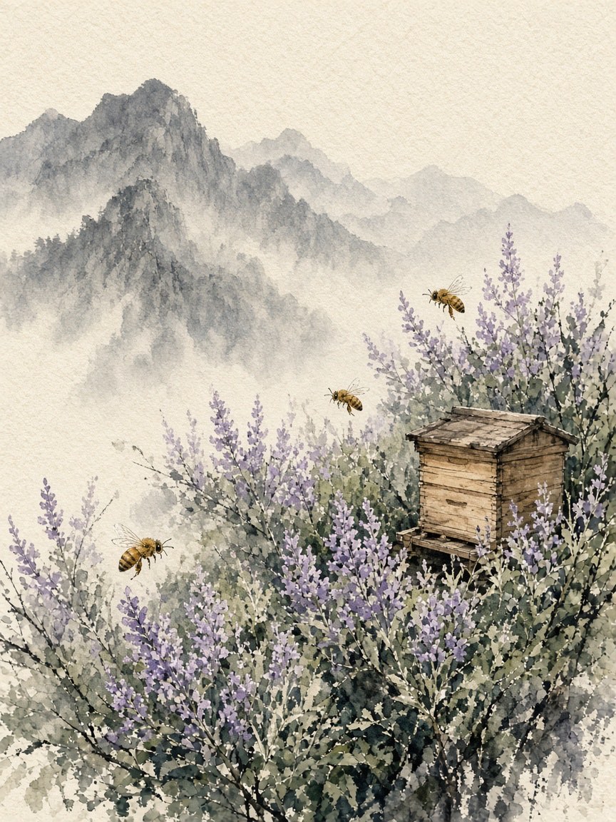 荆条花与蜂箱水墨插画